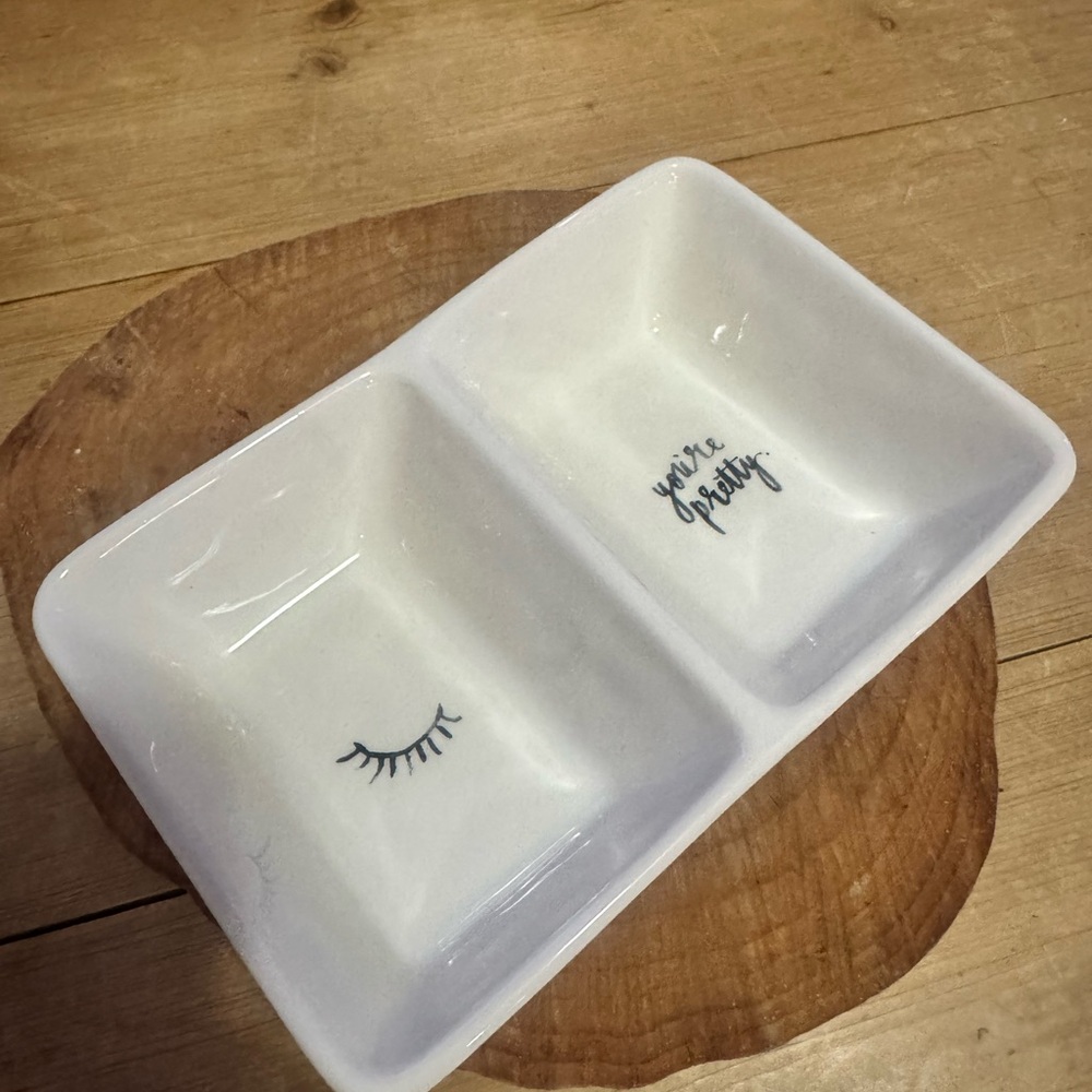 Rae Dunn White Ceramic Double Dish with Eyelash and "You're Pretty" by Magenta